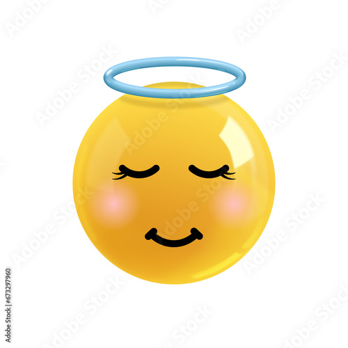 Emoji face angel. Emotion Realistic 3d Render. Icon Smile Emoji. PNG yellow glossy emoticons.