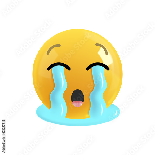 Emoji face puddle of tears. Realistic 3d Icon. Render of yellow glossy color emoji in plastic cartoon style isolated on white background. 
