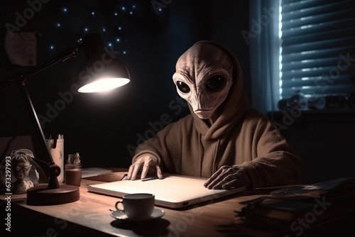 An alien sits at a desk, working overtime