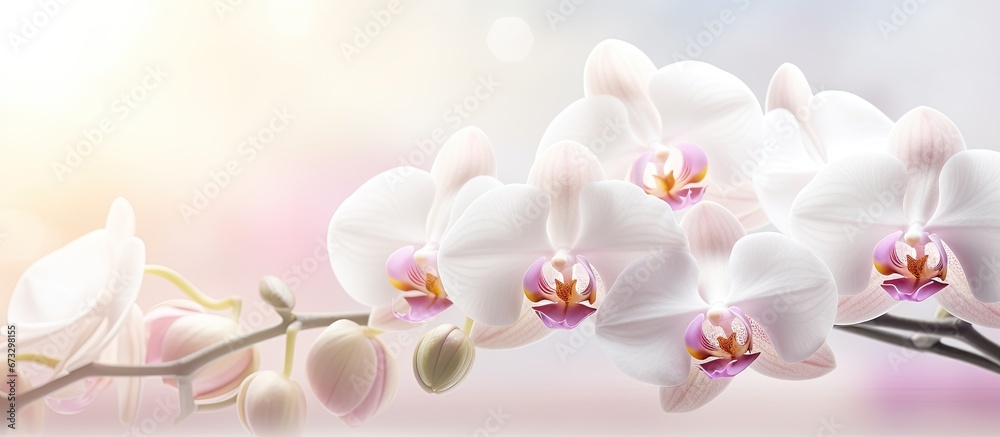 Mist like hazy and chosen emphasis on the blossoming Phalaenopsis blume a well known variety of orchids called moth orchids or Anggrek Bulan in Indonesia - obrazy, fototapety, plakaty 