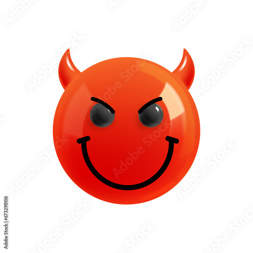 Emoji face evil smile. Realistic 3d design. Emoticon yellow glossy color. Icon in plastic cartoon style isolated on white background. EPS