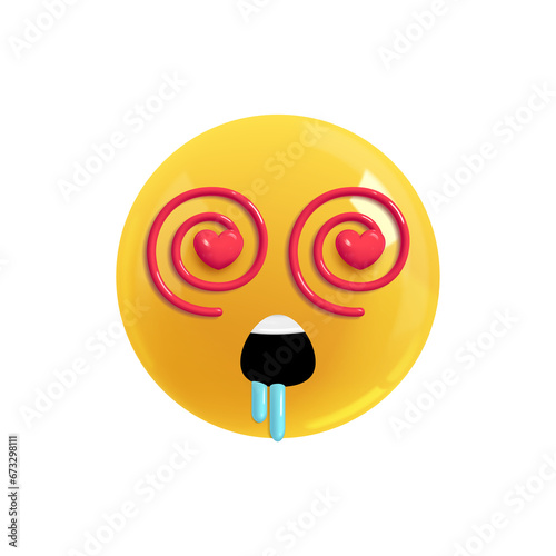 Emoji face dizzy with desire. Realistic 3d design. Emoticon yellow glossy color. Icon in plastic cartoon style isolated on white background. PNG