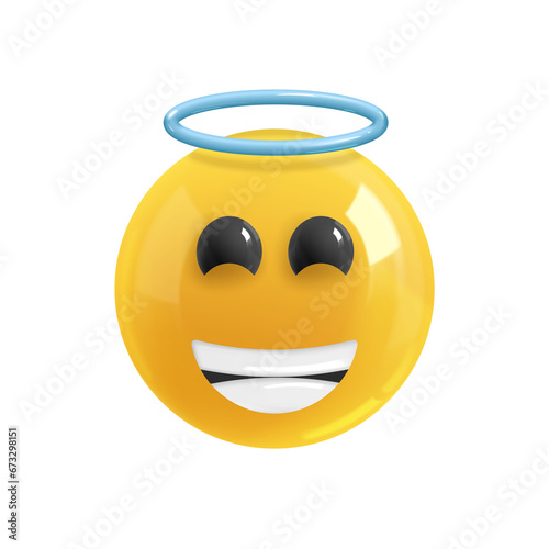 Emoji face happy angel. Realistic 3d design. Emoticon yellow glossy color. Icon in plastic cartoon style isolated on white background. EPS
