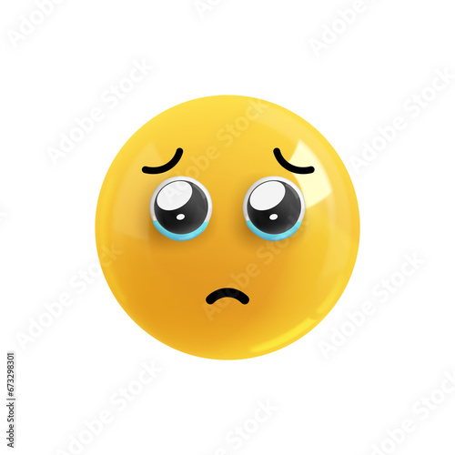 Emoji face offended tears in eyes. Realistic 3d design. Emoticon yellow glossy color. Icon in plastic cartoon style isolated on white background. PNG