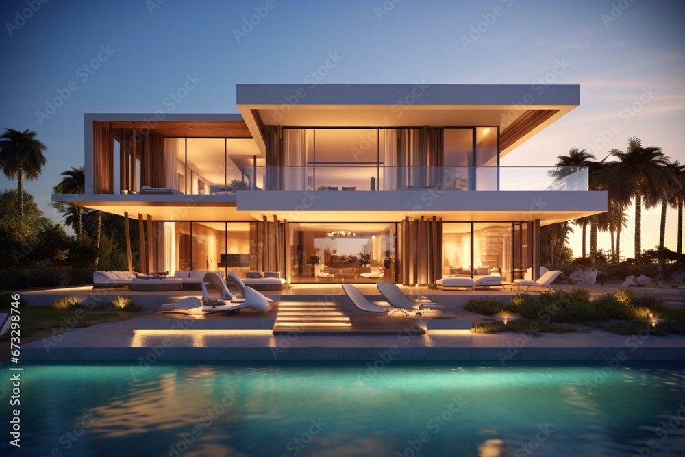 A rendered depiction of a modern villa in 3D. Generative AI