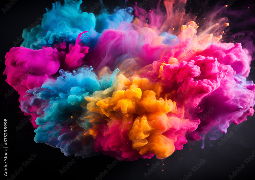 a dynamic and vibrant explosion of colored powders or pigments against a dark background