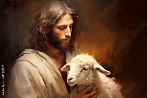 Jesus Christ, Son of God, the good shepherd with a lamb, symbol of Christianity, art painting, Happy easter. Christian symbol of faith, Generative AI