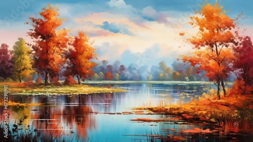 colorful beautiful landscape of yellow and red autumn al lake or river, colourful scene of fall and water