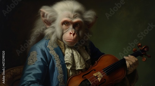 3D ironic portrait, Musician monkey, Chimpanzee violinist, Violin, Playing, Animal, 1700s. MASTER CHIMPANZEE VIOLINIST. Monkey posing with violin. Baroque style. Ruffled collar, white and blue attire. photo