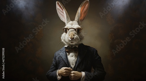 DANDY RABBIT. 3D portrait, Buttoning, Eyeglasses, Dressed, Refined, Elegant, Gentleman. Rabbit with pricked ears shot in the act of buttoning his jacket in 1800s style. Bow tie and fancy blue dress.  photo