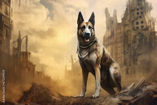 High resolution artwork of a dog in a gritty  mature  medieval fantasy world. Generative AI