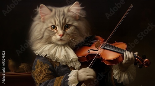 3D ironic portrait, Musician cat, Violinist, Violin, Playing, Animal, 1700s. INIMITABLE CAT WITH VIOLIN. A beautiful eighteenth-century kitten violinist posing with his violin in 1700s style. photo