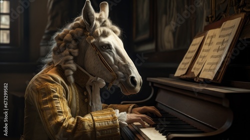 3D ironic portrait, Musician horse, Pianist, Piano, Playing, Animal, 1700s. PERFORMING AN EQUINE MASTERPIECE. 3D human horse pianist playing the piano portrayed with 1700s noble embroidered attire. photo
