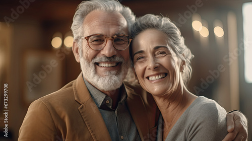 Minimal portrait of happy senior couple embracing husband and looking at camera
