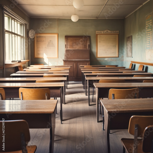 Empty Classroom. Back to school concept in high school. Classroom Interior Vintage. ai generative