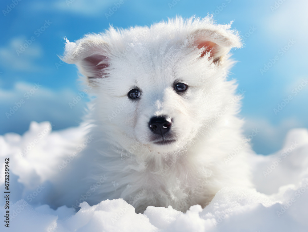 Fluffy white puppy playing in fresh snow, icy blue eyes, sparkling snowflakes, bright daylight, joyful mood. ai generative