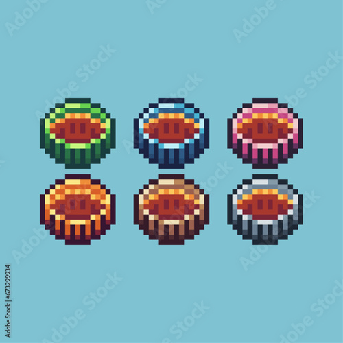 Pixel art sets of food pie with variation color item asset. Simple bits of pumkin pie pixelated style. 8bits perfect for game asset or design asset element for your game design asset.