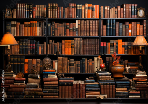 Vintage library filled with stacked books, shelves, warm lighting, and rustic , symbolizing knowledge, reading, education, literature, antique collections, and classic ch photo