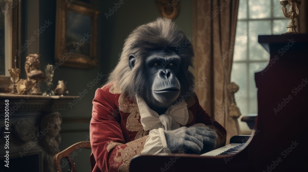 3D gorilla portrait, Pianist, Piano, Musician, 1700, Composer, Master, Room. WAITING FOR INSPIRATION. A gorilla pianist composer with 1700s wig, noble embroidered attire and instrument of his work. - obrazy, fototapety, plakaty 