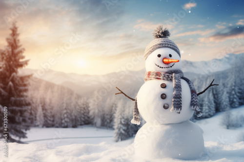 Smiling snowman in winter outdoor, wearing a hat and scarf,  forest background professional photography. Generative Ai © Visual