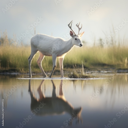 white deer is eating the grass quietly