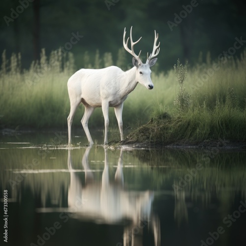 white deer is eating the grass quietly
