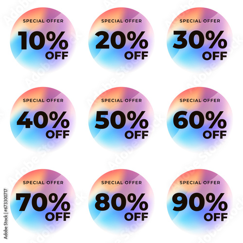 SET SALE TAG BADGE TEMPLATE GRADIENT COLOR DESIGN. OFFER WITH DIFFERENT DISCOUNT FROM 10, 20, 30, 40, 50, 60, 70, 80, 90 PERCENT OFF.MODERN DESIGN VECTOR FOR YOUR BUSINESS