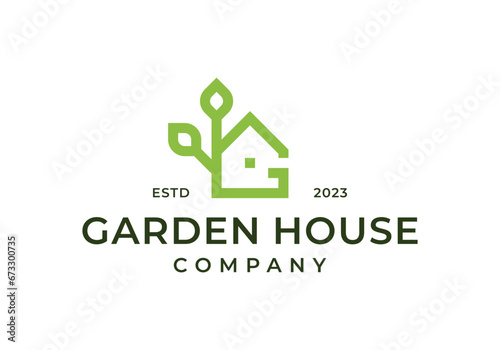 plant leaf with house for garden house logo design illustration