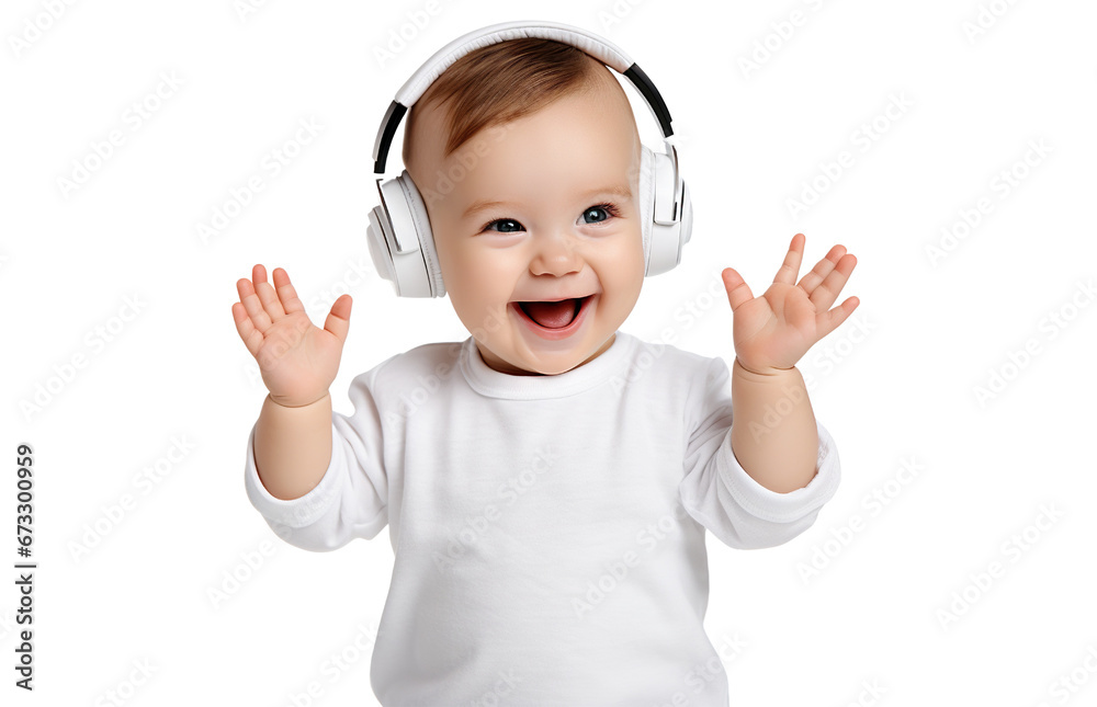 Cute happy kid deriving pleasure from beats and rhythm through headphones, cut out Cute happy kid deriving pleasure from beats and rhythm through headphones, cut out