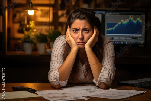 Business owner, woman using computer and financial statements Anxious expression on expanding the market to increase the ability to invest in business.