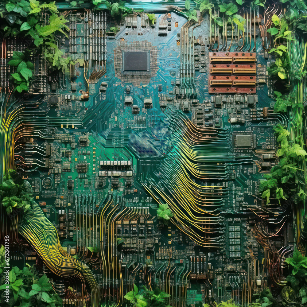 transformation of discarded circuit boards into vibrant, upcycled art pieces. ai generative