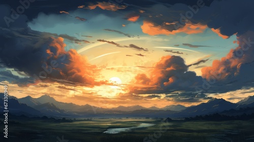 Beautiful landscape background. Cartoon summer sunset with clouds, mountain and lake. Anime style