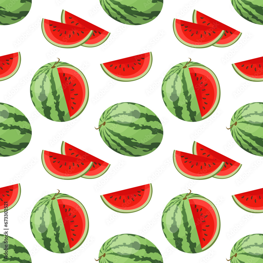 Seamless pattern, whole and cut watermelon on a white background. Fruit background, print, vector Seamless pattern, whole and cut watermelon on a white background. Fruit background, print, vector