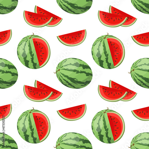 Seamless pattern, whole and cut watermelon on a white background. Fruit background, print, vector