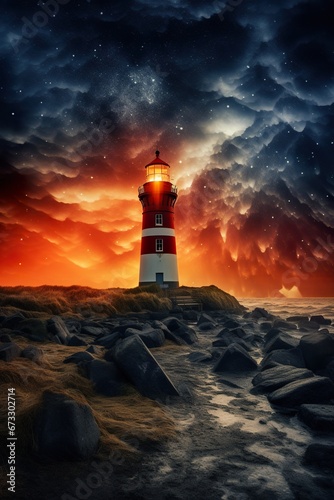 red lighthouse at ocean or sea shore at night, sky with stars