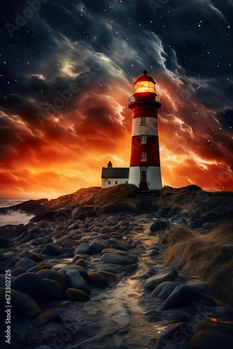 red lighthouse at ocean or sea shore at night, sky with stars