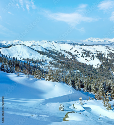 Winter mountain landscape with snowy spruce trees on slope (Hochkoenig region, Austria) © wildman