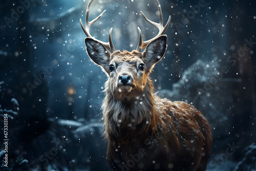 Majestic reindeer, antlers crowned with ice crystals, graze on frozen tundra in the heavy snow with snow falling for Christmas holidays