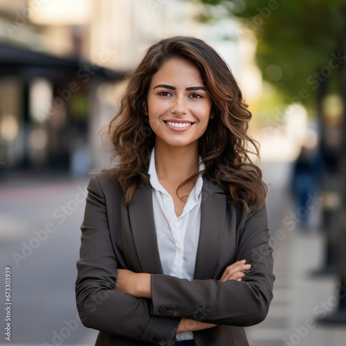A confident young businesswoman  a successful entrepreneur  standing outdoors  arms crossed  exuding positivity and confidence. A modern professional in a corporate setting. Photography.ai generative