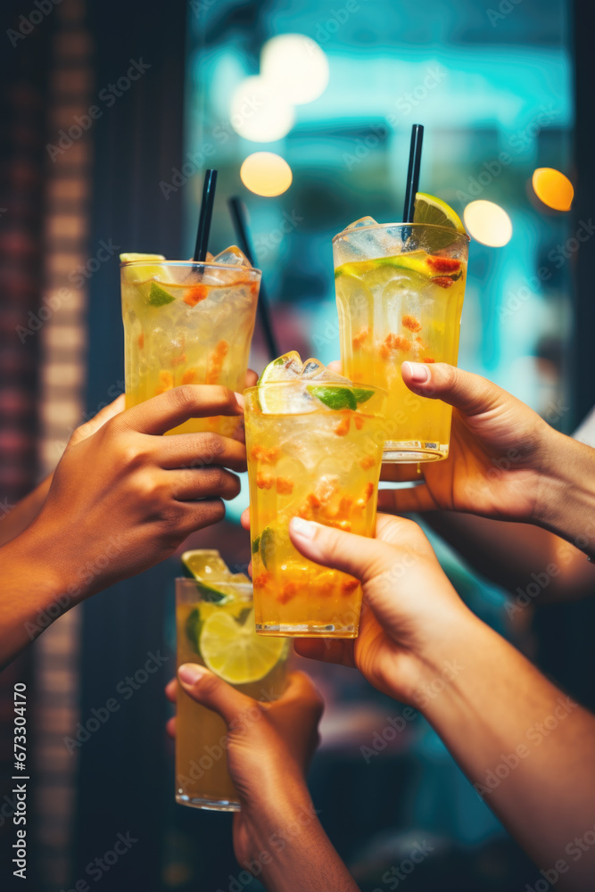 Close up of friends group cheering mojito drinks at bar restaurant, party time, cocktail close up Close up of friends group cheering mojito drinks at bar restaurant, party time, cocktail close up
