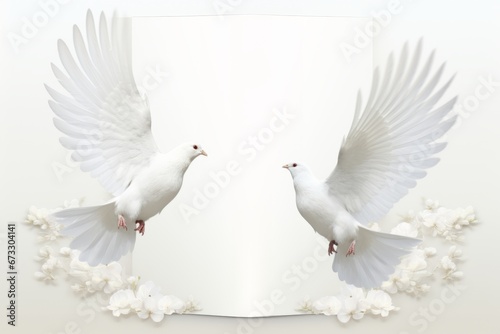 One sheet template with two white doves and white flowers photo