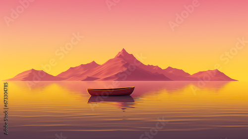 tranquil boat at serene lake at sunset  in style of pink  orange and purple  solitude and calmness concept