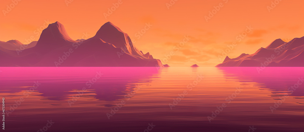 colorful sunset at serene lake, in style of purple, pink and orange, beautiful landscape scenery, tranquility and calmness concept