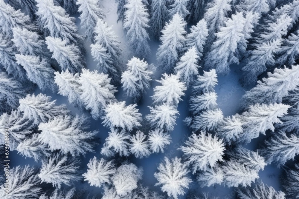 Snowy winter forest seen from above. Generative AI