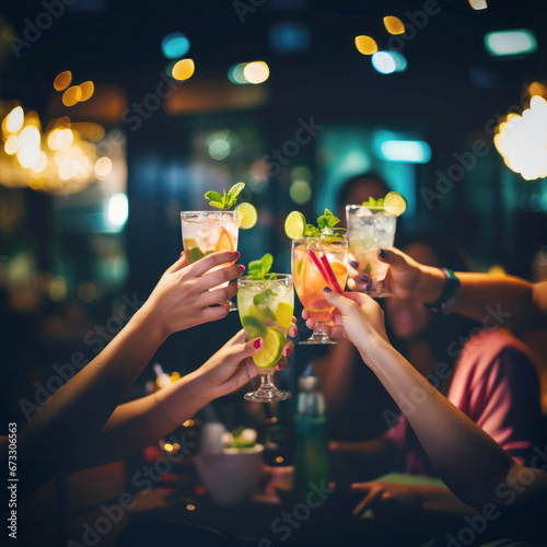 Wallpaper Mural Close up of friends group cheering mojito drinks at bar restaurant, party time, cocktail close up Torontodigital.ca