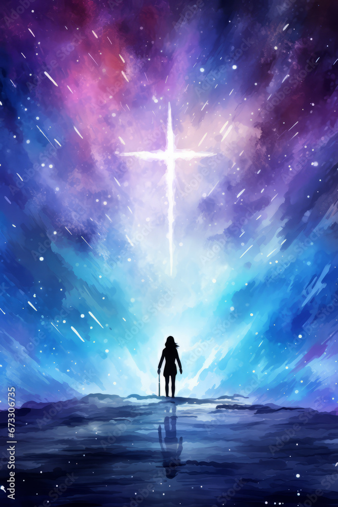 watercolor illustration. a young woman sees the luminescent cross of Jesus Christ in the sky among the orbs and stars. Concept of Christianity, religious conversion