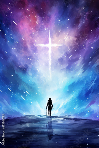 watercolor illustration. a young woman sees the luminescent cross of Jesus Christ in the sky among the orbs and stars. Concept of Christianity, religious conversion