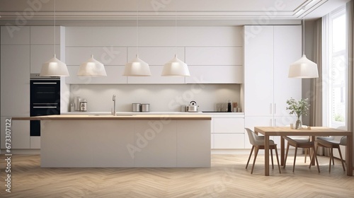 Modern white kitchen with wooden details and parquet floor, modern pendant lamps, minimalistic interior design concept idea
