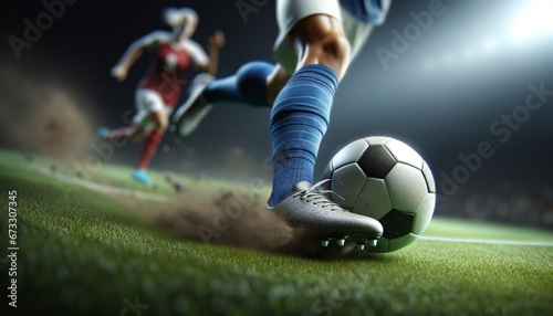 Dynamic soccer match scene with player in motion, ideal for sports-themed design and marketing.