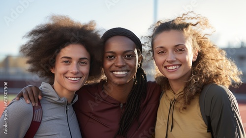 Group of three young, diverse female athletes celebrate their healthy
